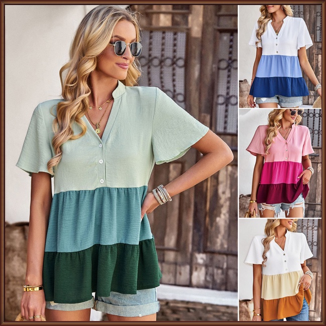 Áo Sơ Mi Tay Ngắn Cổ Chữ V Màu Tương Phản Thời Trang Mùa Hè Cho Nữ