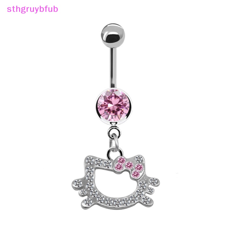 Khuyên Rốn Bằng Thép Không Gỉ Hình Mèo Và Bướm Hồng Dễ Thương