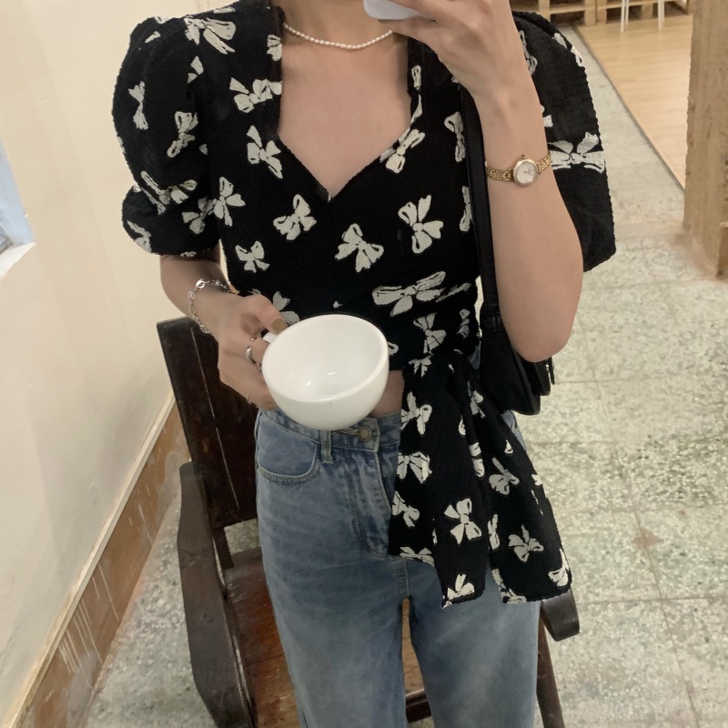 SUXI Áo Sơ Mi Chiffon Tay Ngắn Dáng Ôm In Họa Tiết Thắt Nơ Kiểu Vintage Xinh Xắn