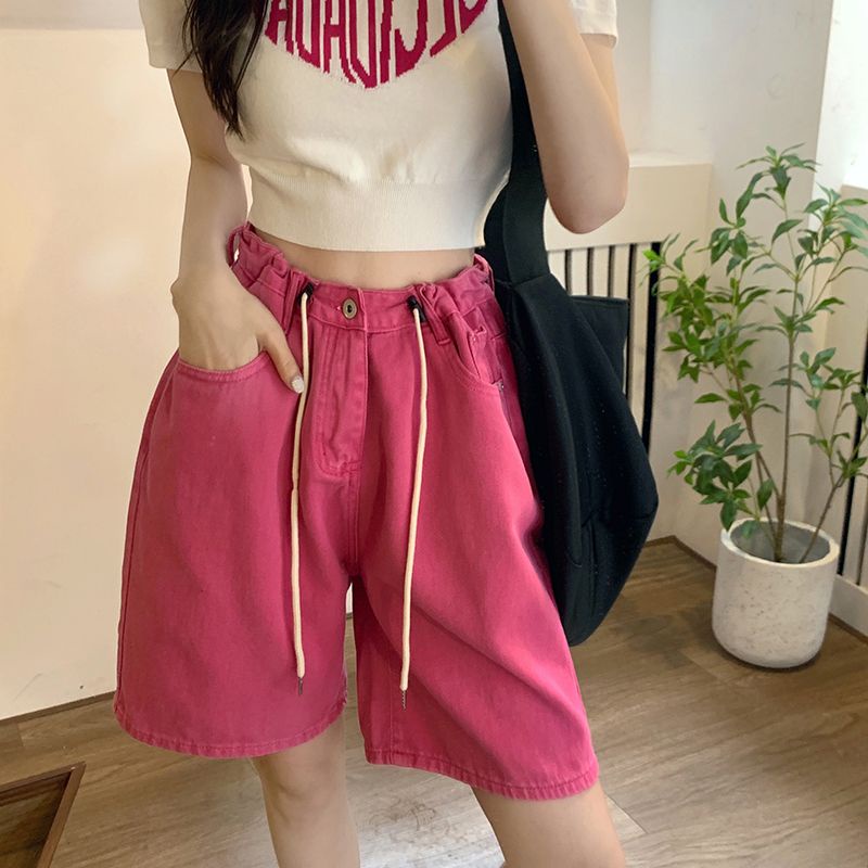 Quần Short Denim Lưng Cao Ống Rộng Thiết Kế Dây Rút Mới Năng Động Thời Trang