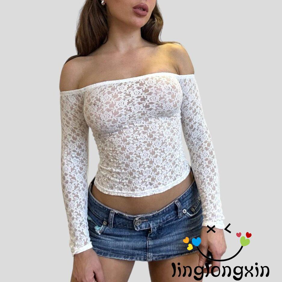 Áo Ren Trễ Vai Dài Tay Xuyên Thấu Gợi Cảm Cho Nữ Linglongxi2