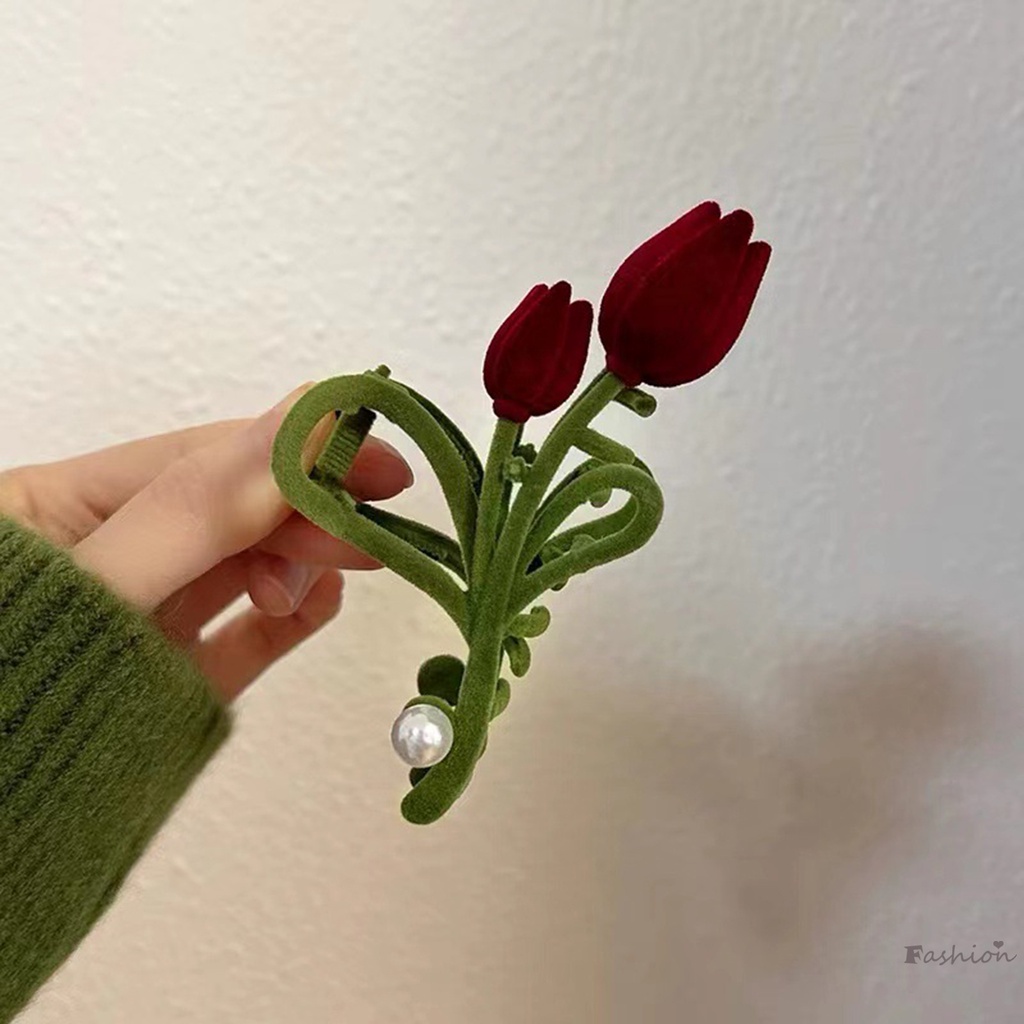 Kẹp Tóc Càng Cua Chống Trượt Không Làm Tổn Thương Tóc Bằng Nhung Đỏ Hoa Tulip Cổ Điển