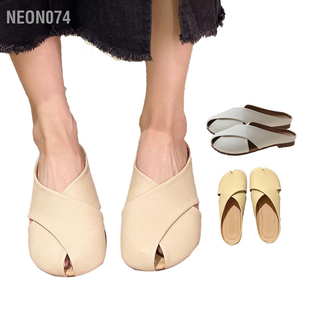Neon074 Dép Nữ PU Trên Đáy Bằng Bao Đầu Ngoài Trời Xăng Đan Cho Mùa Xuân Và Hè