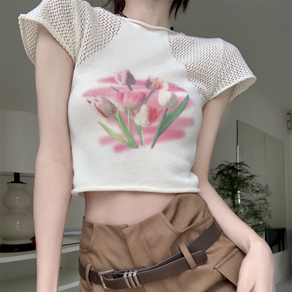 Áo Thun Tay Ngắn Phối Lưới Dáng Ngắn Thời Trang Cho Nữ