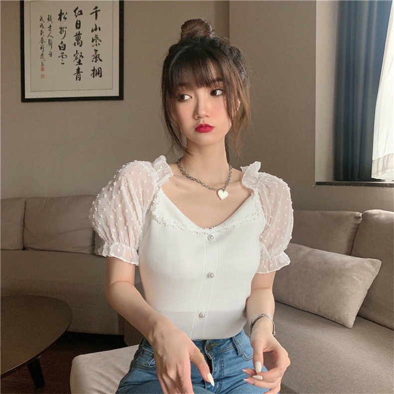 Áo Sơ Mi Chiffon Tay Phồng Phối Ren Thời Trang Mùa Hè Mới Cho Nữ