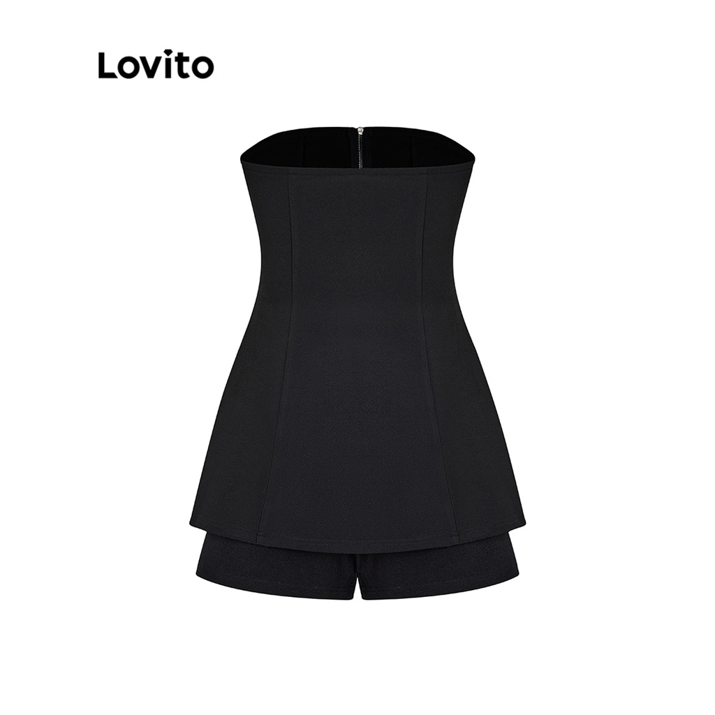 Set đồ Lovito với quần short màu trơn có dây kéo viền xếp nếp phong cách thường ngày dành cho nữ L52AD107 (đen)