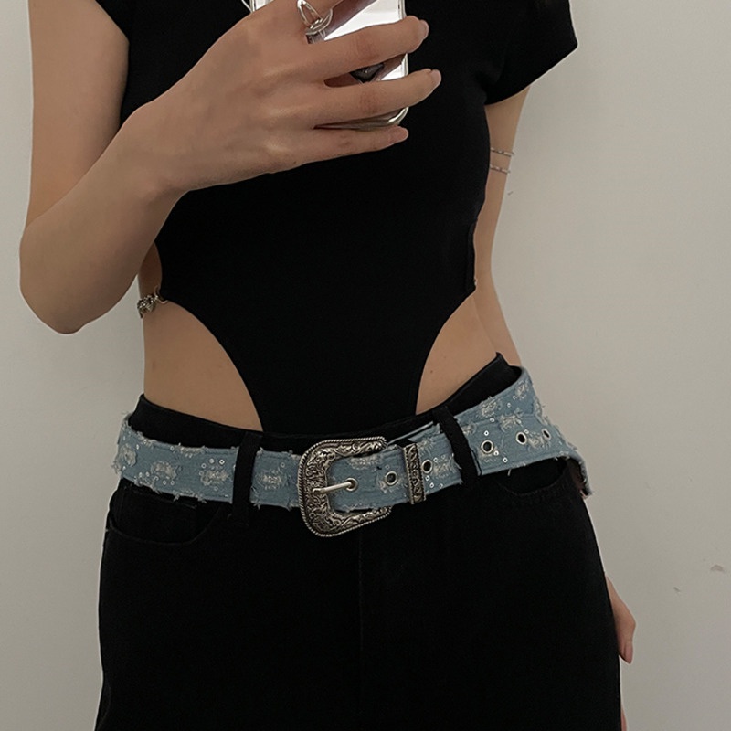 Thắt Lưng Denim Khóa Kim Loại Phong Cách Retro Hàn Quốc Thời Trang Mùa Hè Cho Nữ