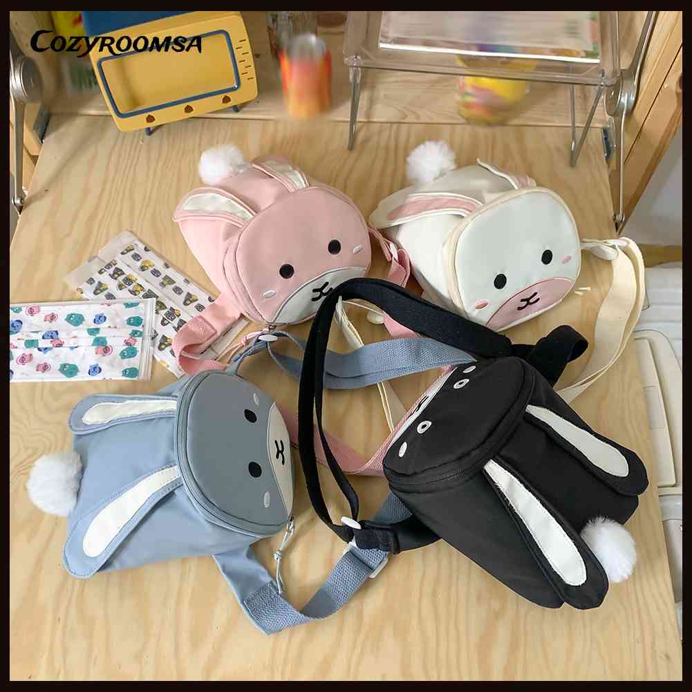 Túi Đeo Chéo Bằng Nylon Mềm Hình Thỏ Tai Dài Có Khóa Kéo Phong Cách Kawaii