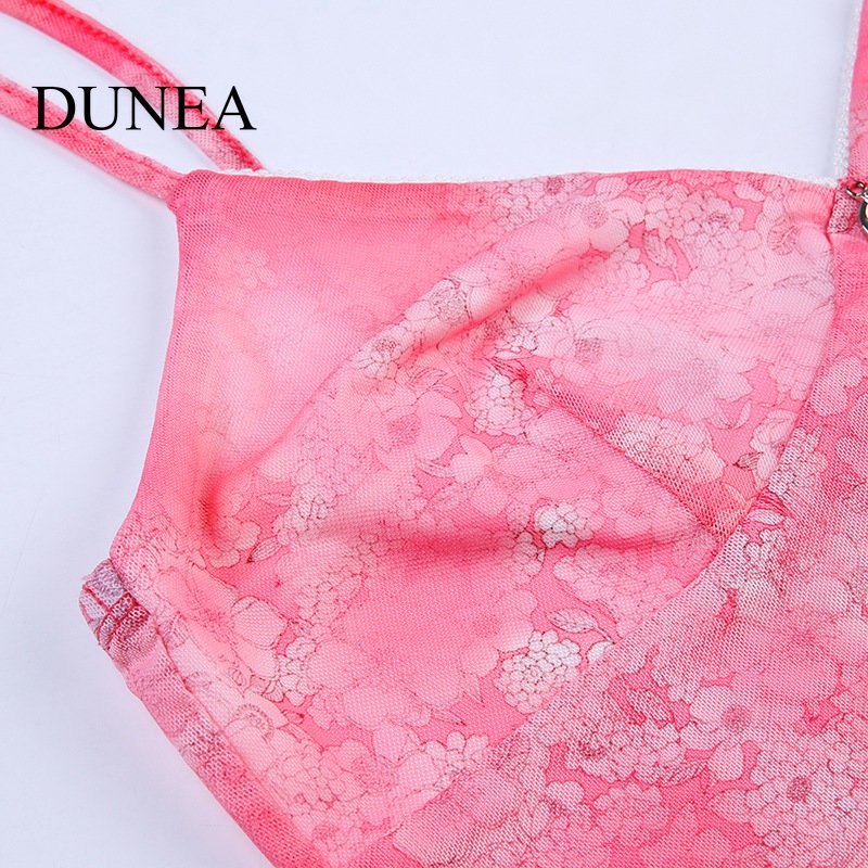 DUNEA Áo Tank Top Cổ Chữ V Phối Lưới Họa Tiết Hoa Quyến Rũ Cho Nữ