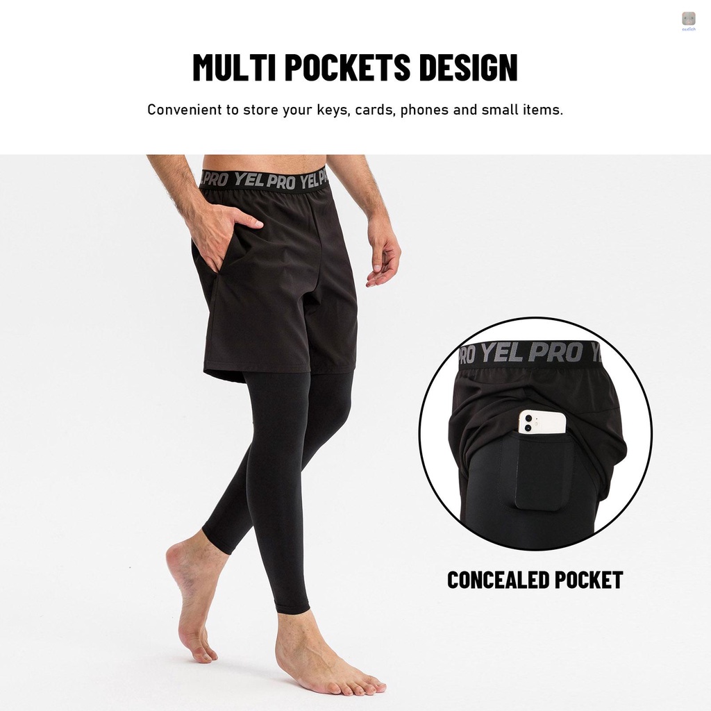 Quần Legging Thể Thao 2 Trong 1 Eo Co Giãn Chống Ẩm Cho Nam