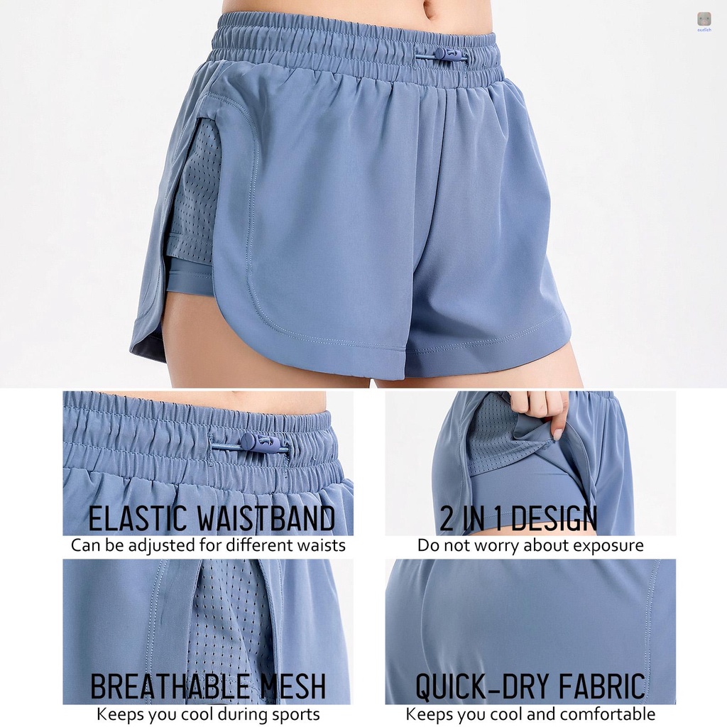 Quần Short Thể Thao 2 Trong 1 Eo Co Giãn Phối Lưới Dành Cho Nữ