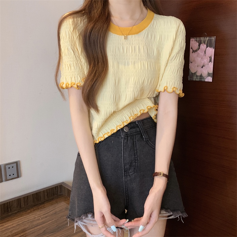 NZN Áo Thun Croptop Dáng Rộng Cổ Tròn Phối Màu Tương Phản Cá Tính Cho Nữ