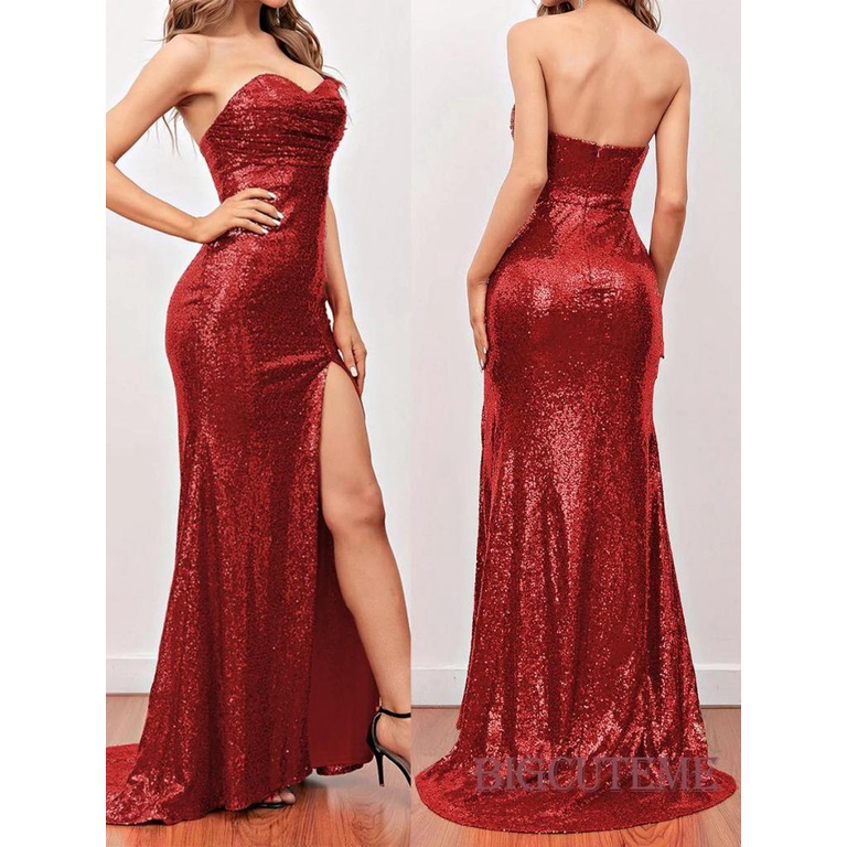 [] - Đầm Dài Không Dây Hở Lưng Dáng Ôm Đính Kim Sa Xẻ Tà Dự Tiệc Cocktail Dành Cho Nữ