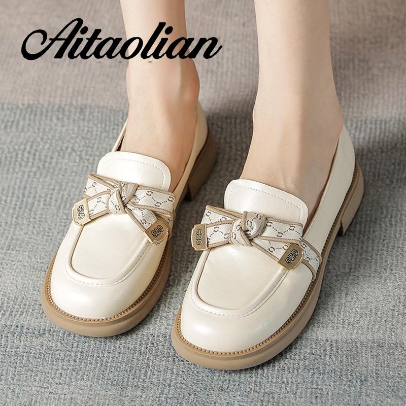 Giày Lười Da Thật Đế Bệt 3cm Mềm Mại Cài Khóa Kim Loại Thời Trang Anh Quốc Cho Nữ