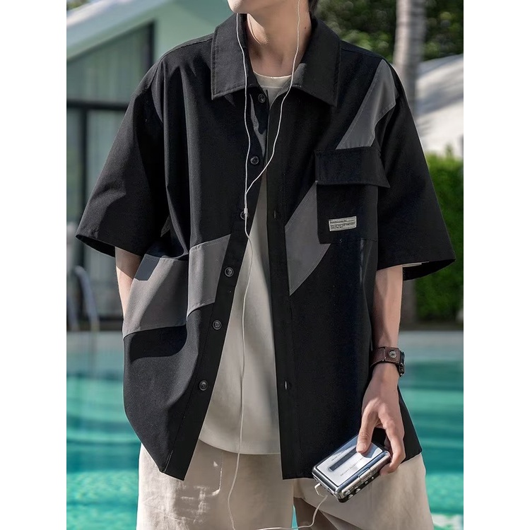 Áo Sơ Mi Tay Ngắn Màu Sắc Tương Phản Phong Cách Nhật Bản Thời Trang Mùa Hè Cho Nam