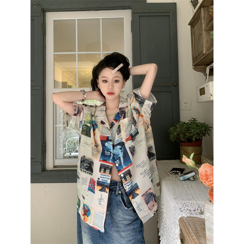 Áo Sơ Mi Nữ Ngắn Tay In Họa Tiết vintage Thời Trang