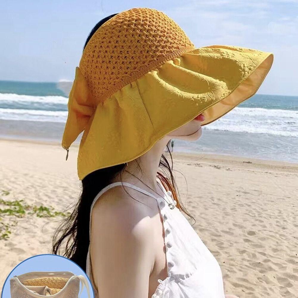 Mũ Rộng Vành Chống Tia UV Đính Nơ Có Thể Gập Lại Thời Trang Đi Biển Cho Nữ