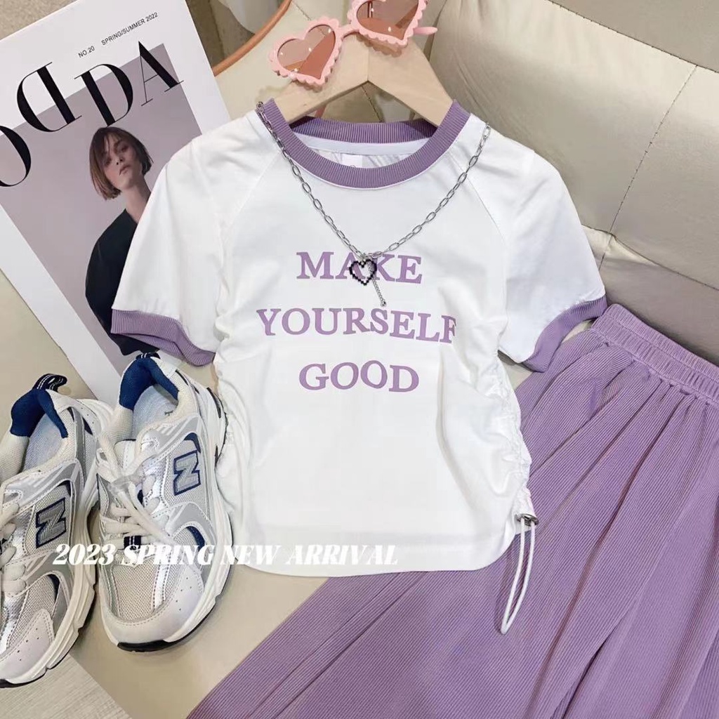 Set Áo Thun Tay Ngắn + Quần Dài Phong Cách Mùa Hè Mới Cho Bé Gái 3-5 - 8-10 - 12-13 Tuổi