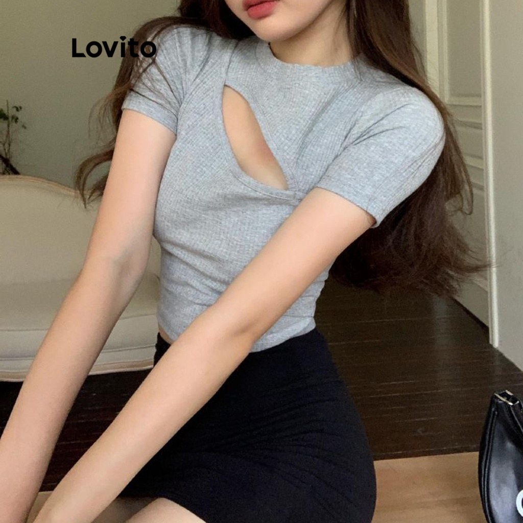 Áo thun Lovito cắt xẻ đơn giản cho nữ LNA11147 (màu xám)