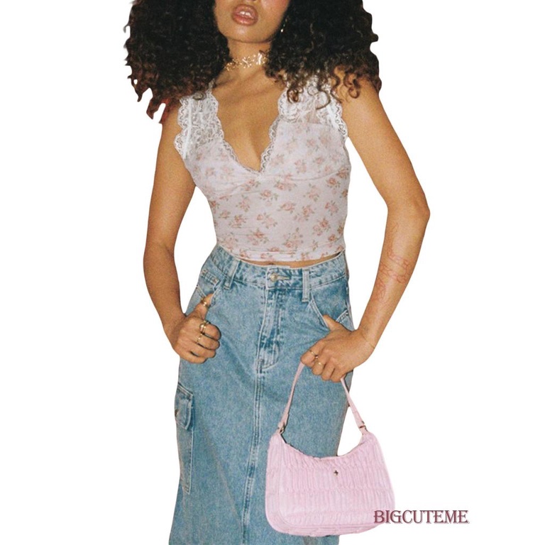 Áo Croptop Hai Dây Cổ Chữ V In Hoa Thời Trang Đường Phố Dành Cho Nữ