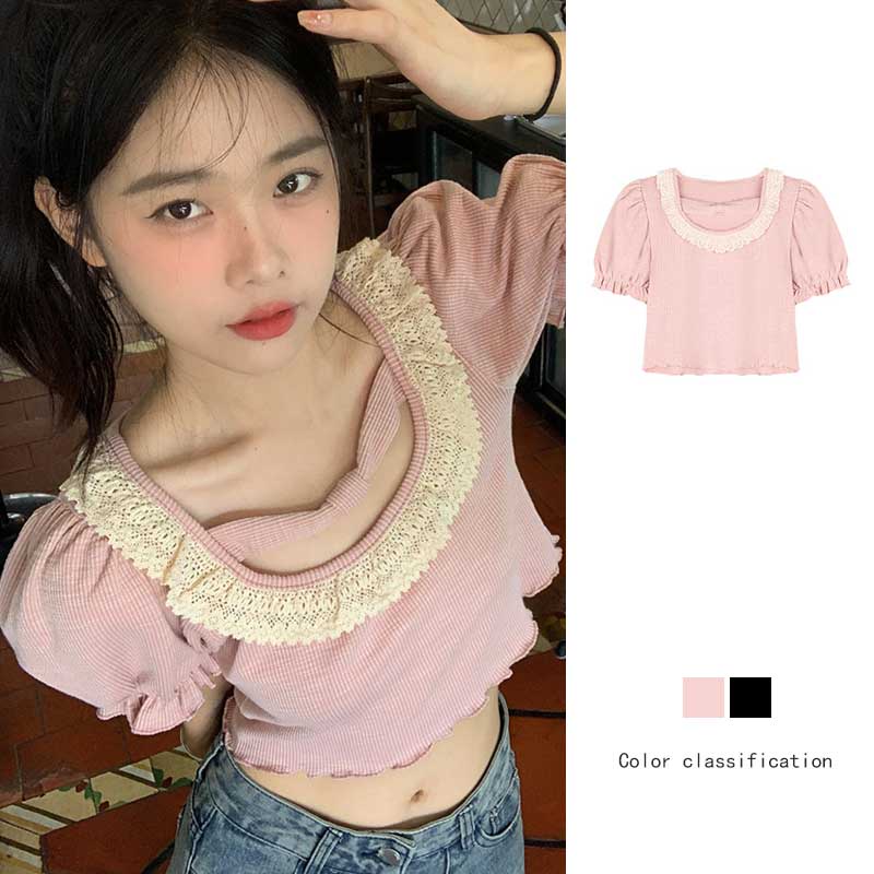 Áo Thun Ngắn Cổ Vuông Tay Phồng Phối Ren Lỗ Thời Trang Mùa Hè Mới Cho Nữ