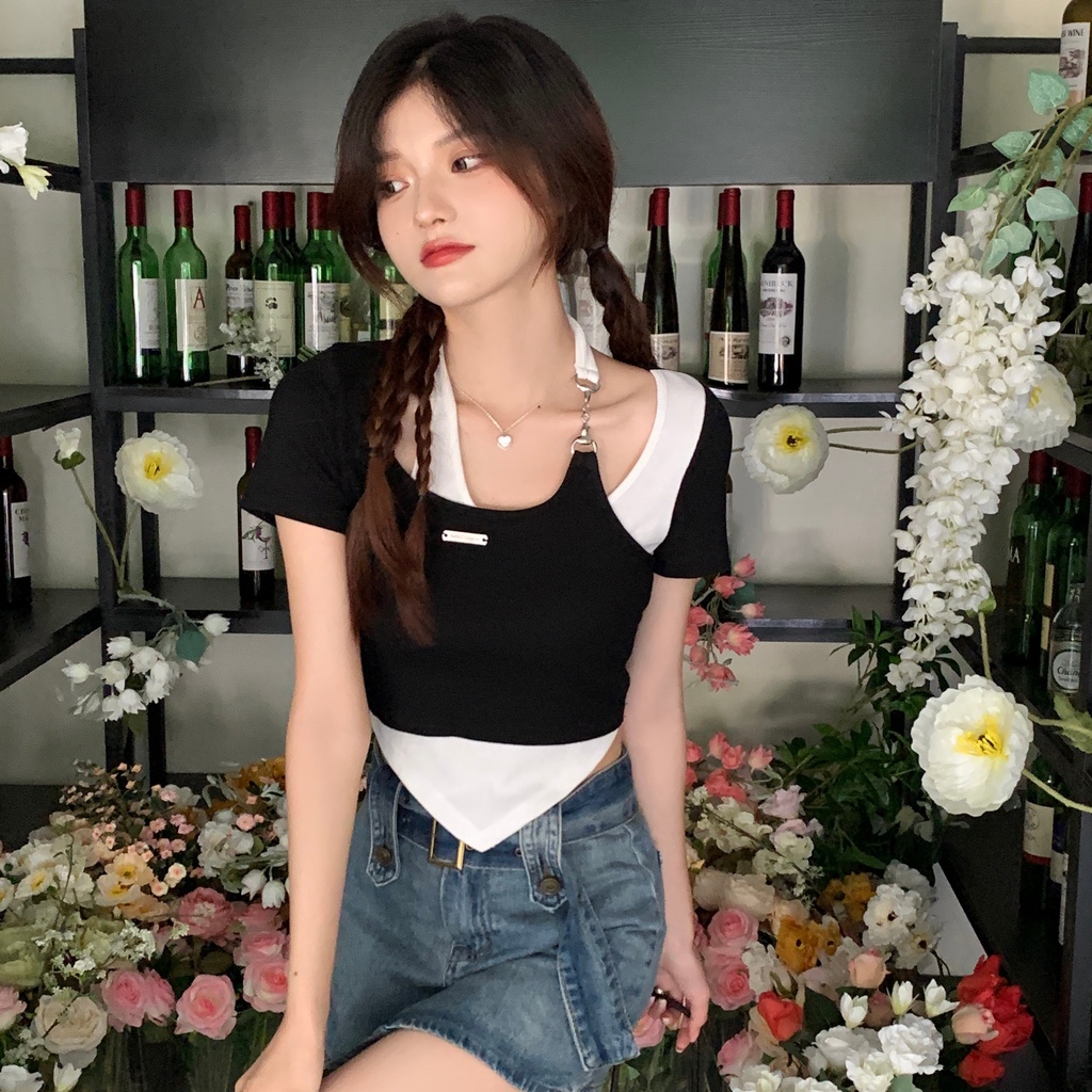 Áo Thun Ngắn Tay Dáng Ôm Thiết Kế Lệch Tà Thời Trang Mùa Hè Mới Cho