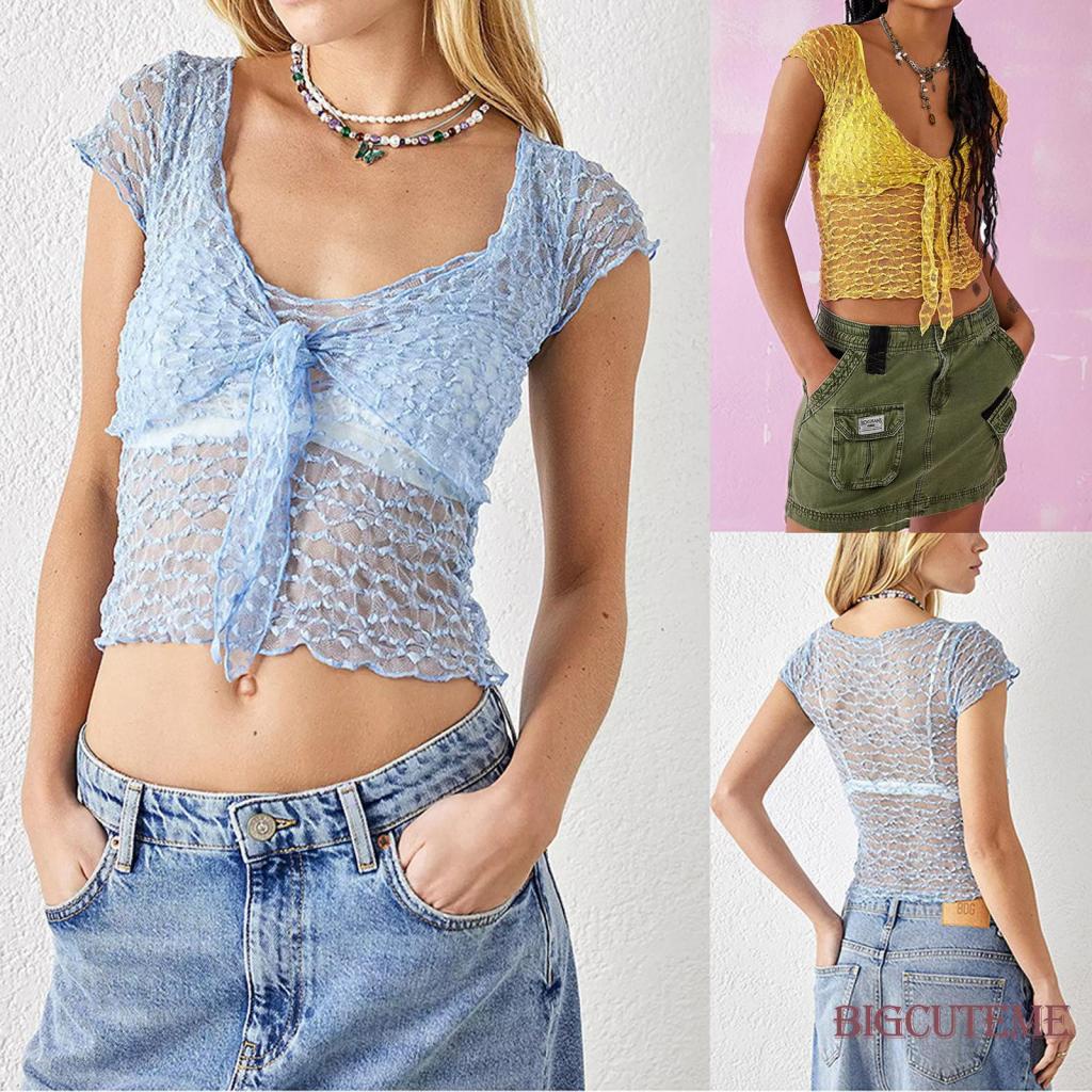 Áo Crop Top Tay Ngắn Cổ Chữ U Xuyên Thấu Màu Sắc Đơn Giản Dành Cho Nữ