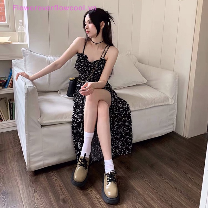 Đầm Hai Dây Cổ Chữ V Hở Lưng In Họa Tiết Hoa Màu Đen Thời Trang Mùa Hè Cho Nữ