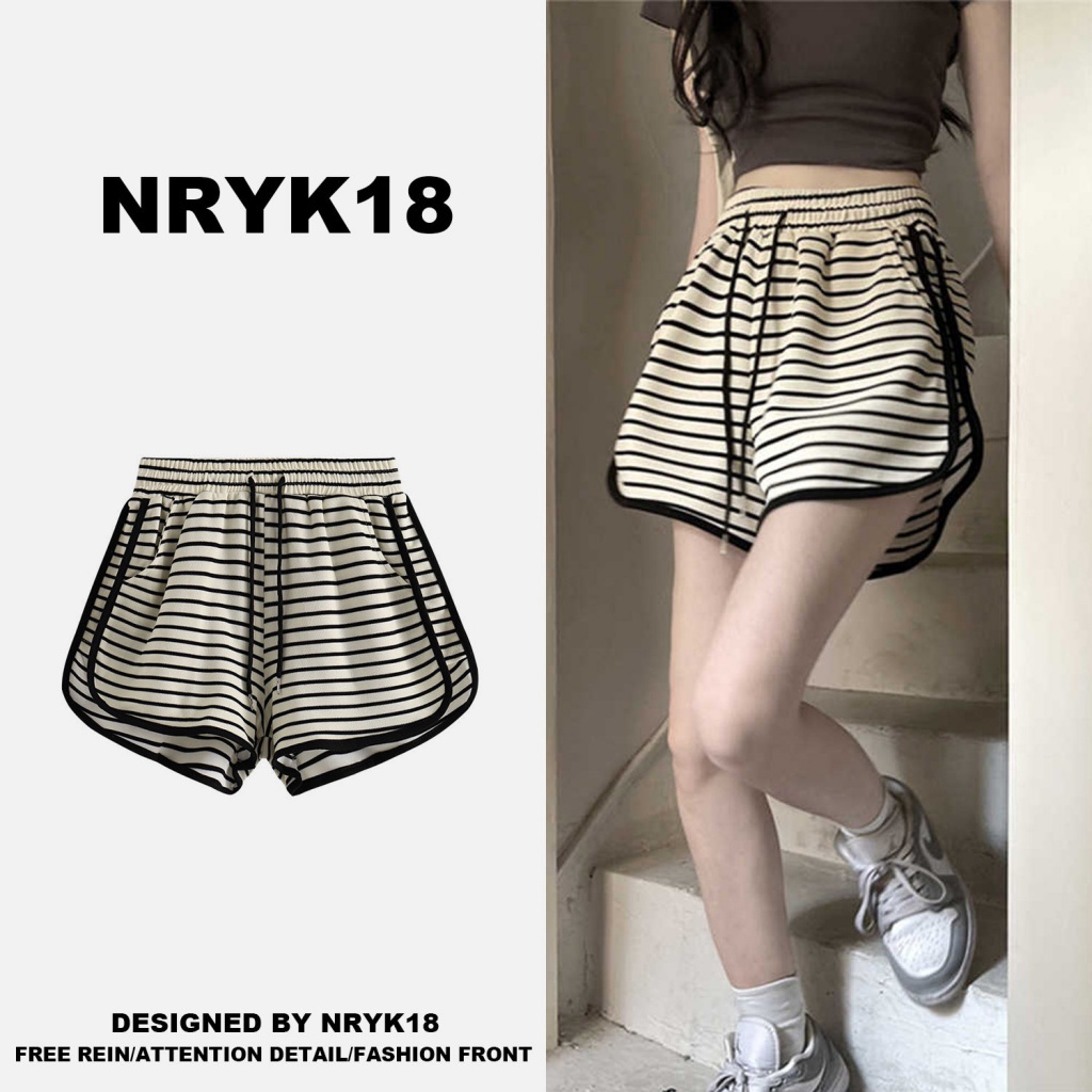 Quần Short Thể Thao Lưng Thun Ống Rộng Họa Tiết Kẻ Sọc Phong Cách Hàn Quốc Thời Trang Mùa Hè Cho Nữ