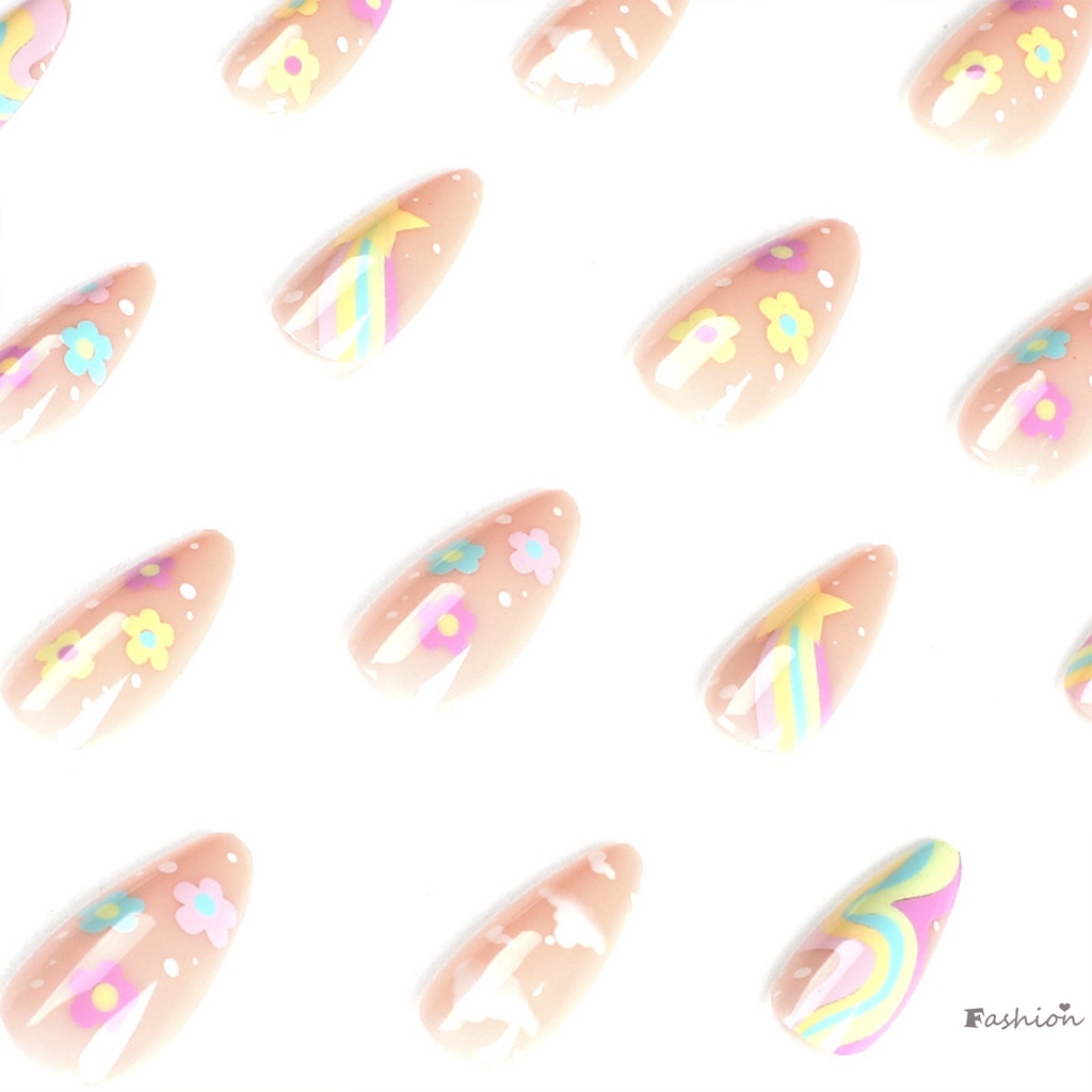 Bộ Móng Tay Giả Đầu Tròn In Hoa Xinh Xắn