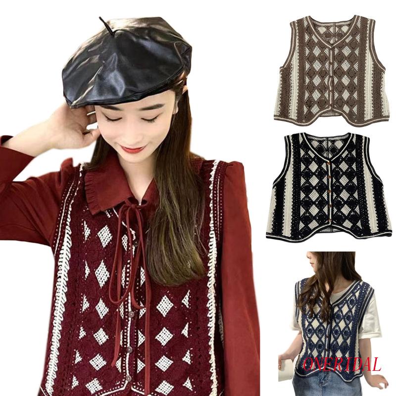 Áo Dệt Kim Sát Nách Cài Khuy In Họa Tiết Caro Trẻ Trung Cho Bạn Gái