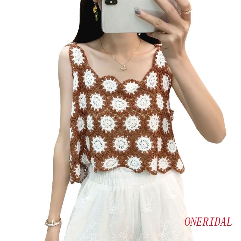 Áo Tank Top Dệt Kim Họa Tiết Hoa Phong Cách Retro Nhẹ Nhàng Cho Nữ