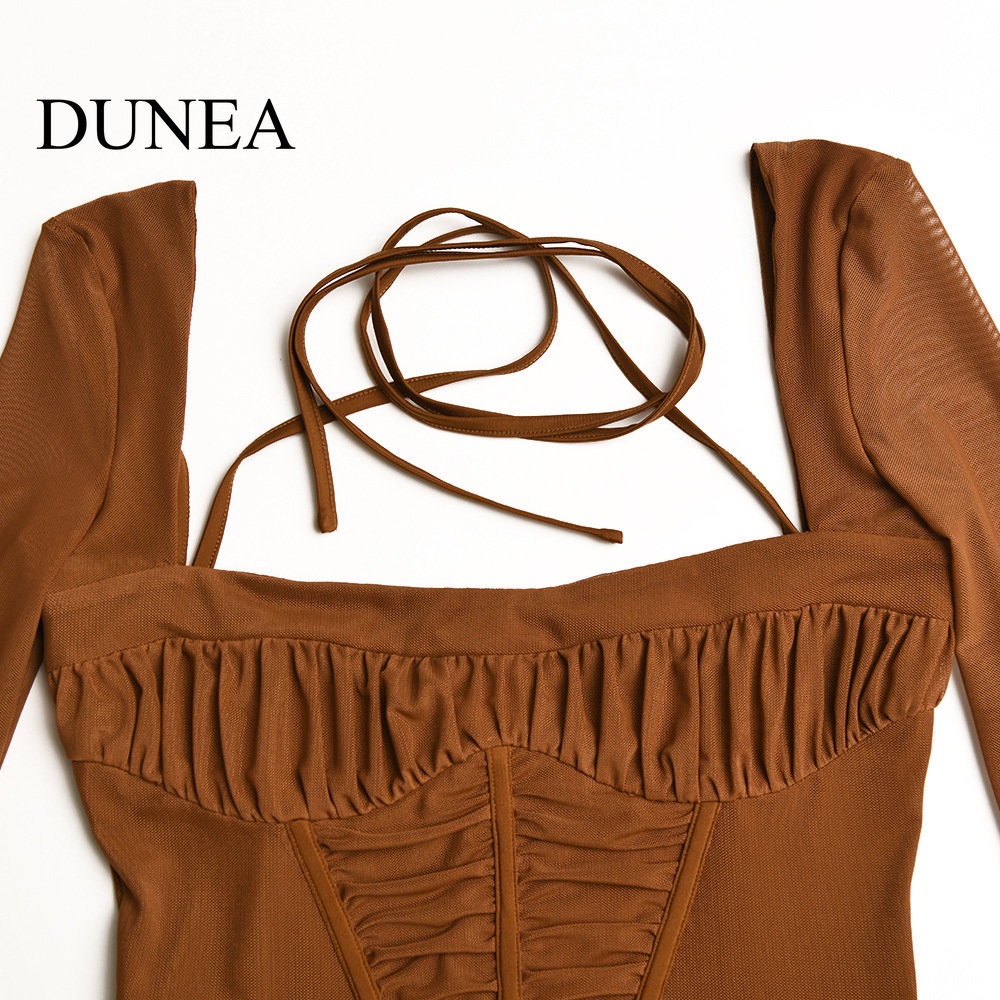 DUNEA Dunea Đầm Tay Dài Cổ Vuông Xuyên Thấu Cho Nữ