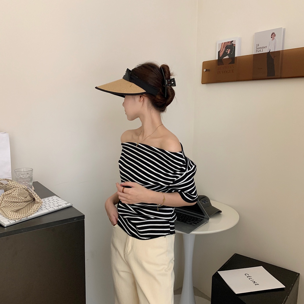 Áo Thun Tay Ngắn Kẻ Sọc Một Đường Kẻ Ôm Dáng Vừa Vặn Mùa Hè Hàn Quốc Cho Nữ