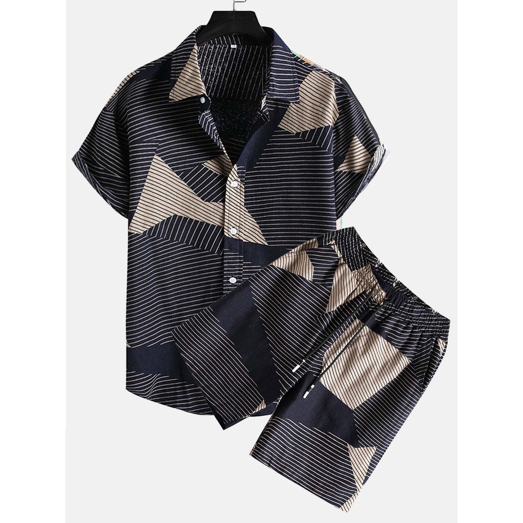 Bộ Áo Sơ Mi In Họa Tiết Hình Học Phối Quần Short Cá Tính Cho Bé
