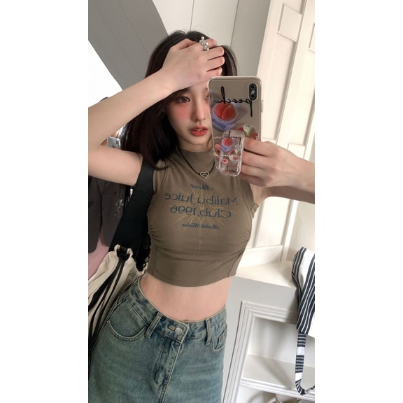 Áo baby tee Thun croptop Hai Dây Dáng Ôm Ngắn In Chữ Màu Xanh Lá Quân Đội Thời Trang Mùa Hè 2023 Mới Cho Bạn Gái