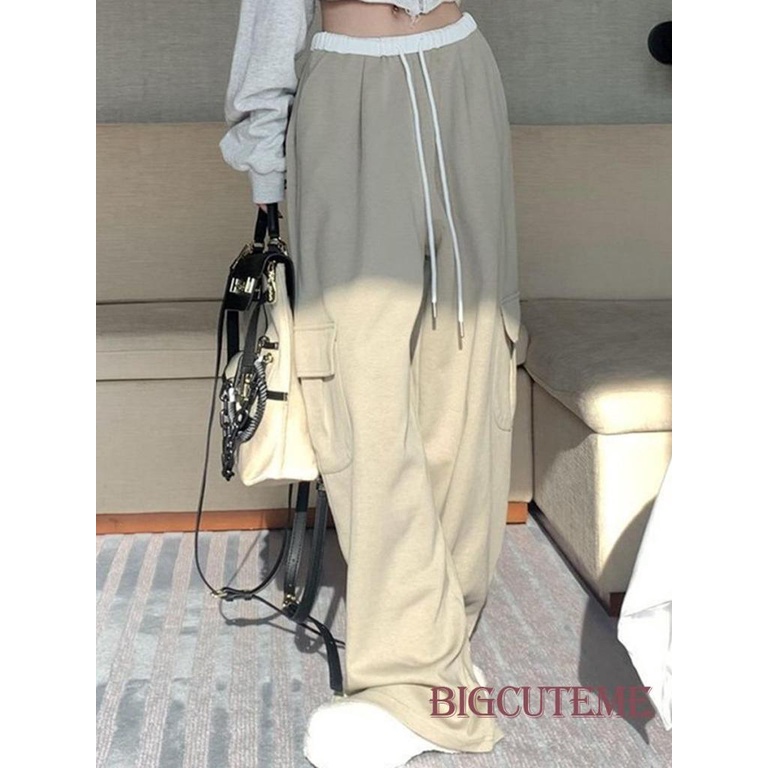 Quần Dài Lưng Thun Dáng Rộng Có Túi Phong Cách Đường Phố Cho Nữ