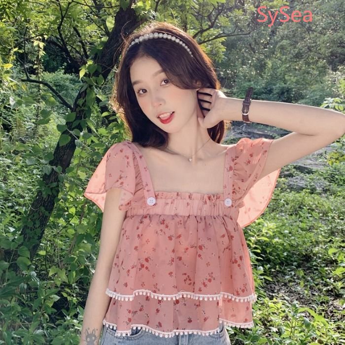 Áo Sơ Mi Tay Phồng Cổ Bẻ Họa Tiết Hoa Ngọt Ngào Thời Trang Mùa Hè Cho Nữ