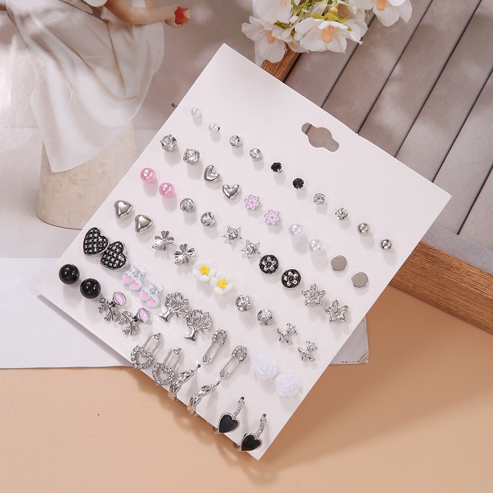 Set 30 Đôi Bông Tai Hình Ngôi Sao / Trái Tim / Bông Hoa Màu Đen Phong Cách Hàn Quốc Cho Nữ