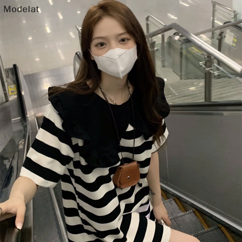 Mfc Đầm Tay Ngắn Dáng Rộng Họa Tiết Kẻ Sọc Chắp Vá Màu Ấm Trẻ Trung Cho Nữ Sinh