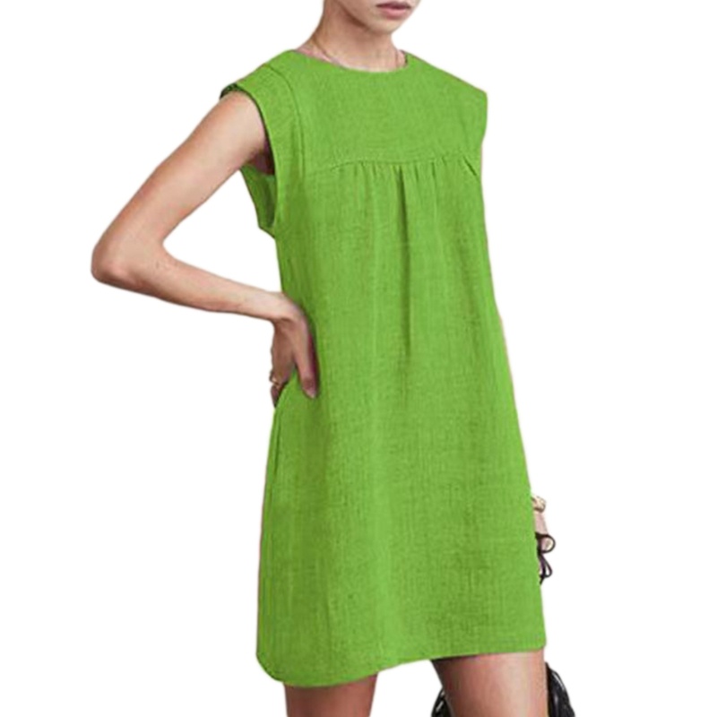 Đầm Midi Cotton Lanh Dáng Rộng Không Tay Cổ Tròn Màu Trơn Thời Trang Mùa Hè Cho Nữ