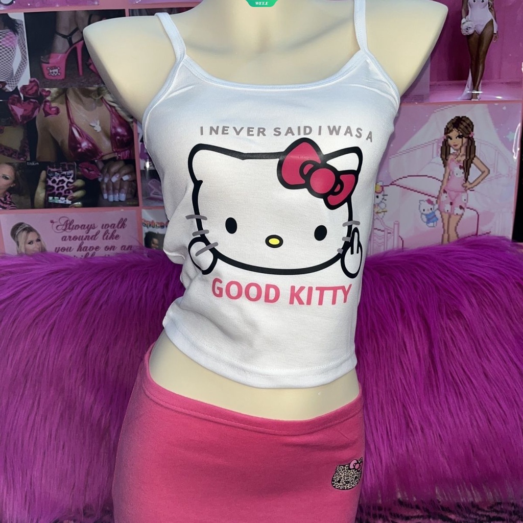 Áo Hai Dây Dày Dặn Dáng Dài In Họa Tiết Hello Kitty Phong Cách Harajuku Ngọt Ngào Thời Trang Mùa Hè 2023 Cho Nữ Y2k Sanrio