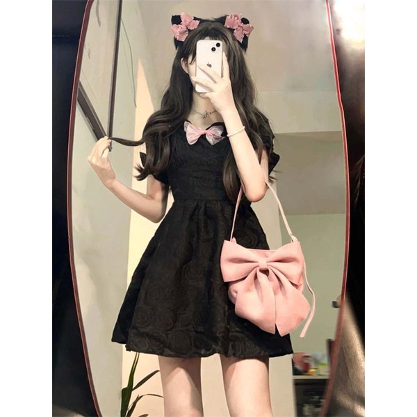 Đầm Đen Dáng Chữ a Thắt Nơ Eo Phong Cách Hàn Quốc Ngọt Ngào Cho Nữ