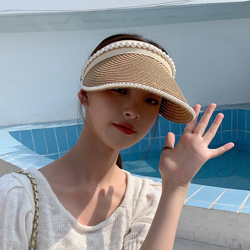 Mũ Lưỡi Trai Nửa Đầu Che Nắng Vành Rộng Đính Ngọc Trai Giả Thời Trang Đi Biển Mùa Hè Cho Nữ