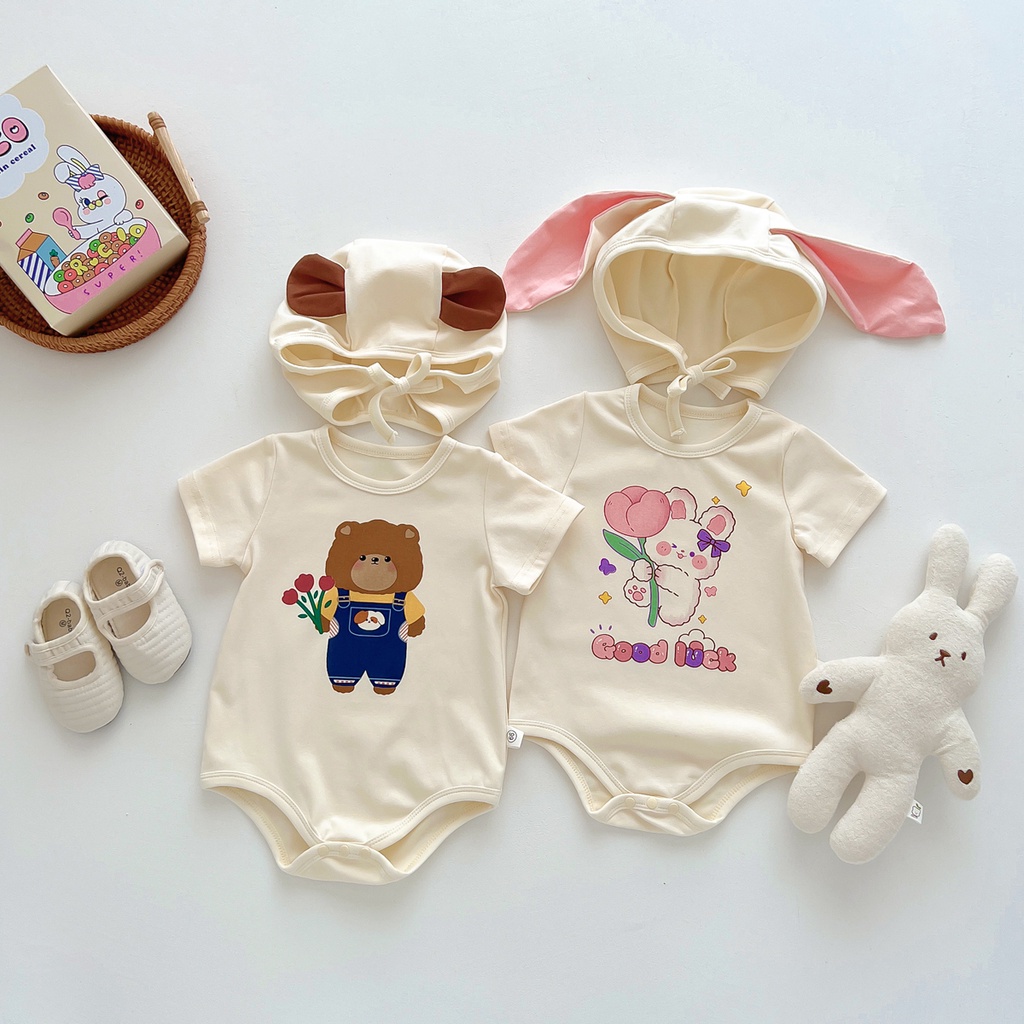 Bộ Áo Liền Quần Vải Cotton Tay Ngắn In Hình Gấu / Thỏ Dễ Thương Kèm Mũ Thời Trang Mùa Hè Cho Bé Từ 0