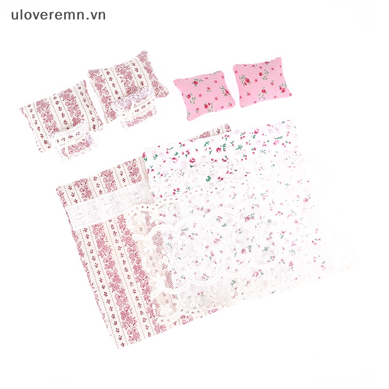 1 Bộ Chăn Ga Và Vỏ Gối Phối Ren Trang Trí Nhà Búp Bê Tỉ Lệ 1: 12