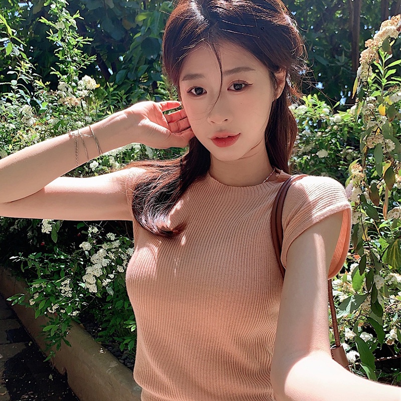 IELGY  Áo sweater Dệt Kim Mỏng Không Tay Dáng Ngắn Phong Cách Pháp Thời Trang Cho Nữ