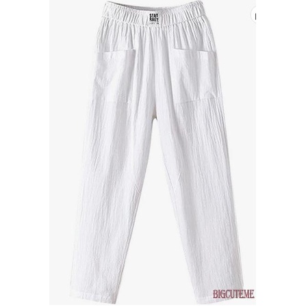 [] Quần Dài Đến Mắt Cá Chân Ống Rộng Vải Lanh Cotton Màu Trơn Lưng Thun Có Túi Dành Cho Nữ
