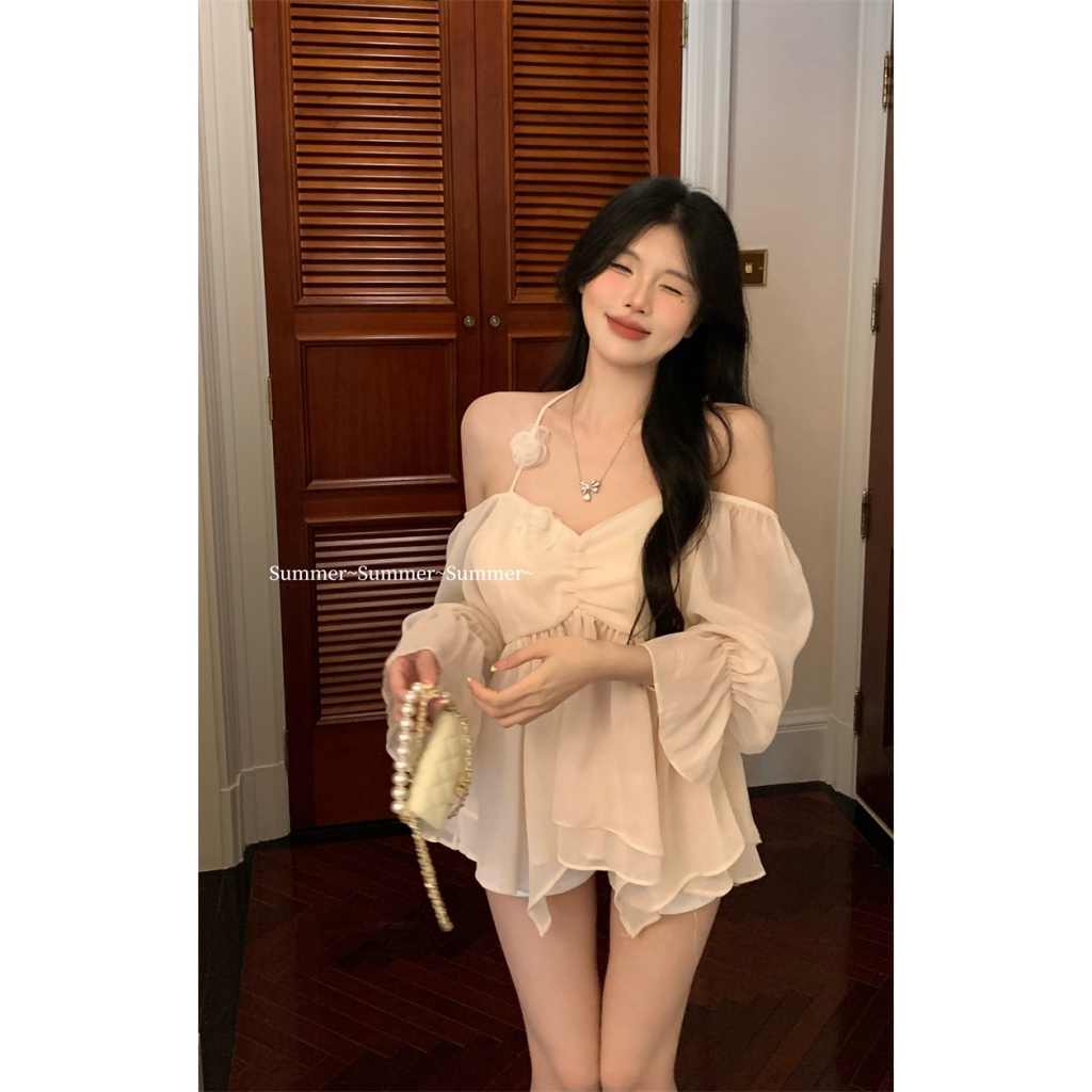 Áo Sơ Mi Chiffon Trễ Vai Phối Bèo Phong Cách Pháp