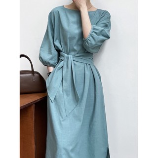 Đầm Cotton Lanh Cổ Vuông Tay Lửng Dáng Ôm Phối Thắt Lưng Phong Cách Retro Mùa Hè 3213